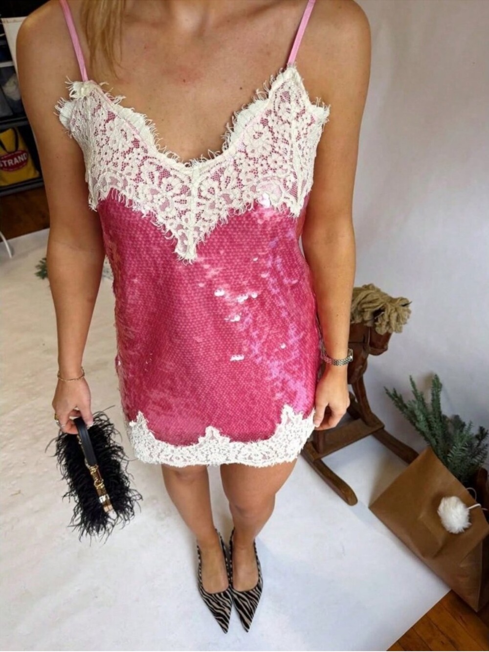 Pink Elegant Women's Sequin Slip Dress Lace Trim Spaghetti Strap Mini Dress